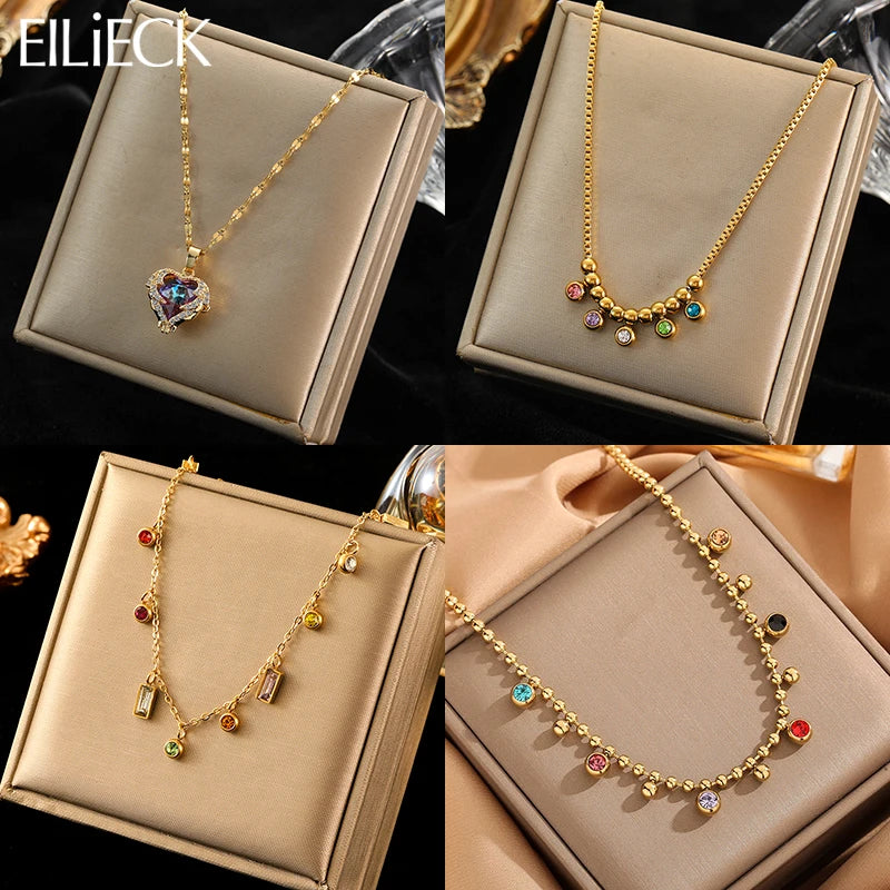 EILIECK 316L Stainless Steel Colorful Crystal Zirconia Charm Necklace For Women Fashion Waterproof Neck Chain Jewelry Gift