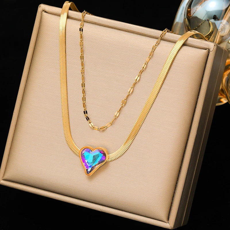 EILIECK 316L Stainless Steel Colorful Crystal Zirconia Charm Necklace For Women Fashion Waterproof Neck Chain Jewelry Gift