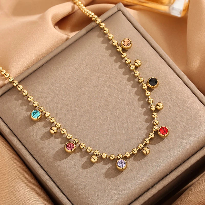 EILIECK 316L Stainless Steel Colorful Crystal Zirconia Charm Necklace For Women Fashion Waterproof Neck Chain Jewelry Gift