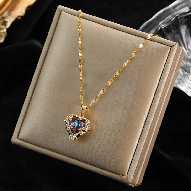 EILIECK 316L Stainless Steel Colorful Crystal Zirconia Charm Necklace For Women Fashion Waterproof Neck Chain Jewelry Gift