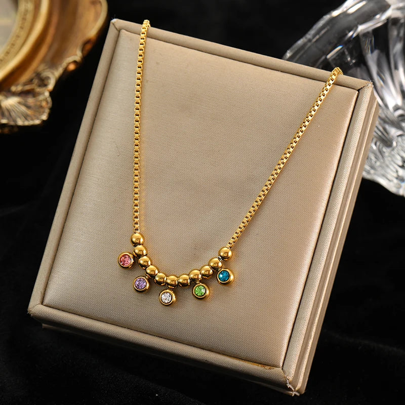 EILIECK 316L Stainless Steel Colorful Crystal Zirconia Charm Necklace For Women Fashion Waterproof Neck Chain Jewelry Gift