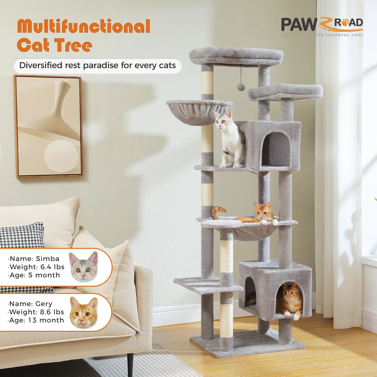 Large Cat Tree Tall Cat Tower for Indoor Cats Multi-Level Plush Cat Condo with Scratching Posts Scratching Boards Perches Caves